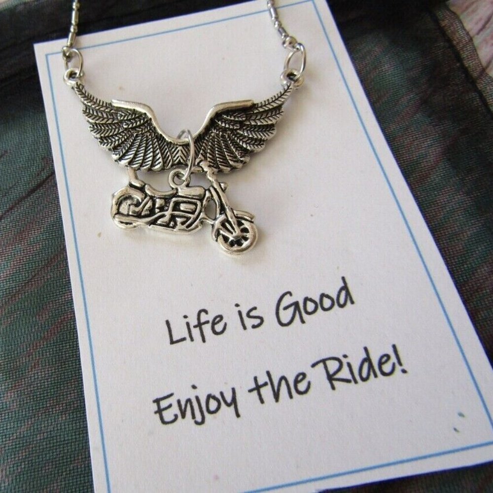 Ride Like the Wind Angel Wings Motorcycle Charm Pendant Necklace